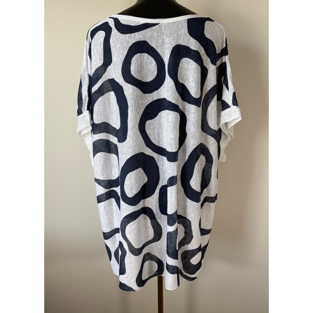 Made in Italy Linen Blend Tunic Top Navy White Abstract Circle Sequin Trim M/L - Picture 7 of 10